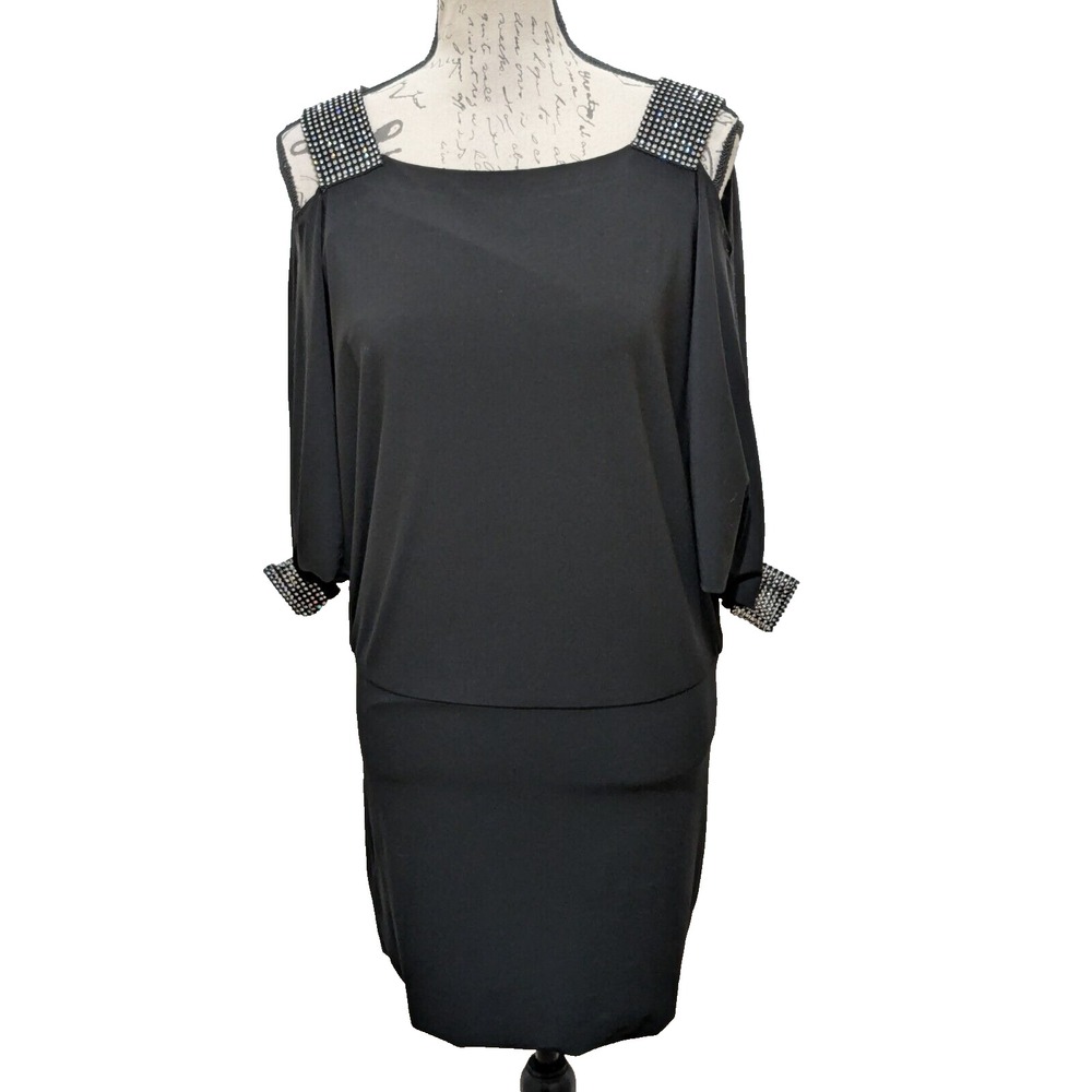 DJ-JAZ Dress Sz 4  Black Sheath Rhinestone Shoulder Straps & Cuffs  Parties VTG